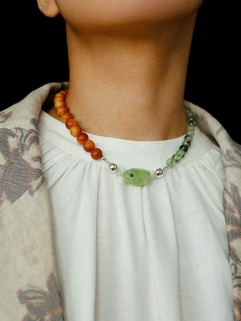 Thuja Wood and Prehnite Stontes Necklace